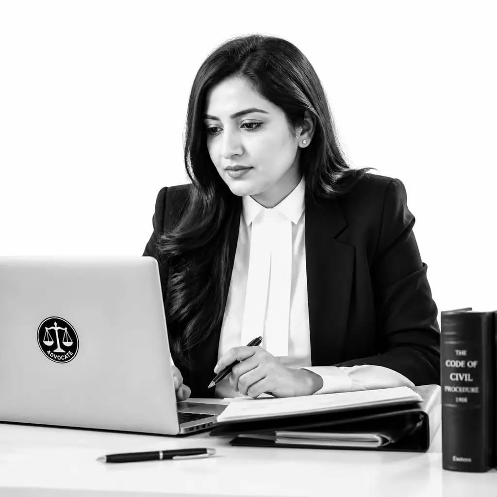 Urdu-speaking lawyer reviewing documents on a laptop at their desk, representing legal representation for Toronto's Urdu-speaking community