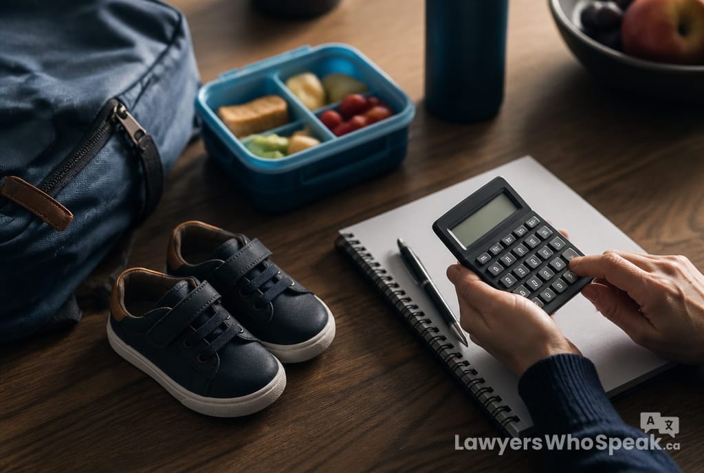 Child Support in Ontario: How It Is Calculated, Changed and Enforced (2026 Guide) 1 Child support Ontario: a parent’s hands with a calculator and budget beside a child’s backpack and sneakers