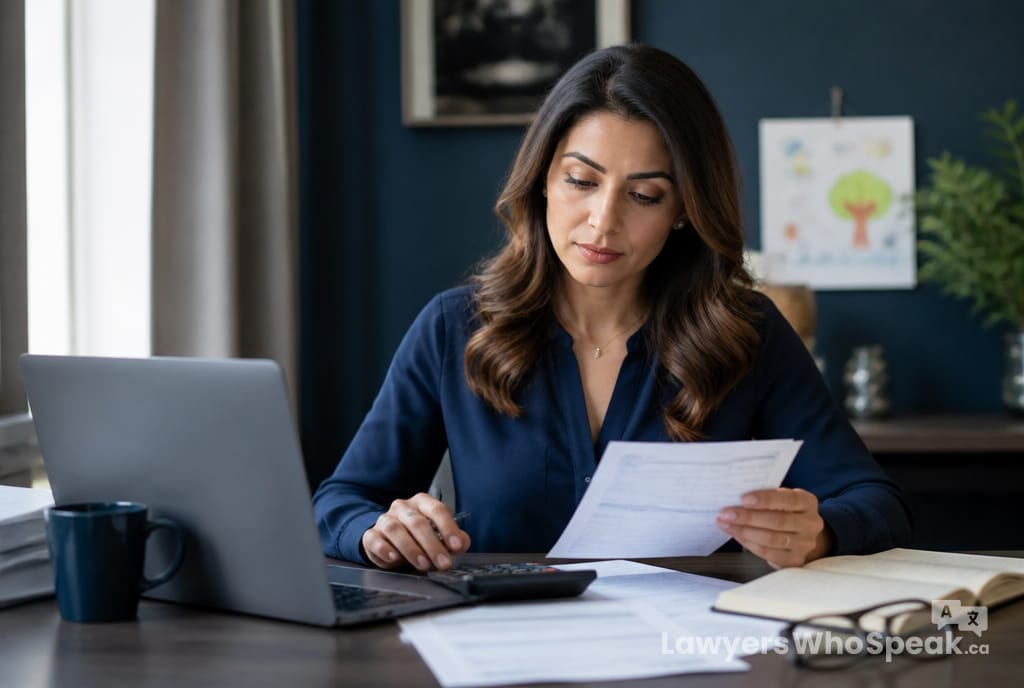 Child Support in Ontario: How It Is Calculated, Changed and Enforced (2026 Guide) 1 Parent reviewing income and pay stubs to calculate child support under the Ontario guidelines