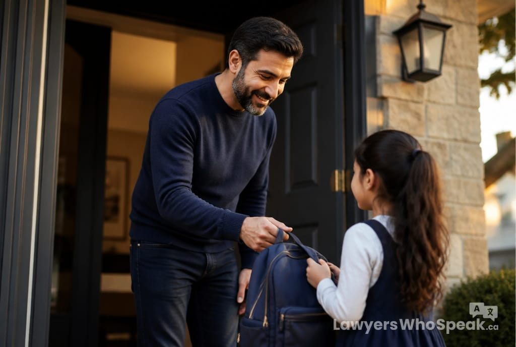 Child Support in Ontario: How It Is Calculated, Changed and Enforced (2026 Guide) 2 Father handing his daughter her backpack during shared parenting time, which affects child support in Ontario