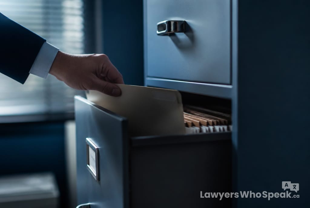 Case file being placed into a filing cabinet drawer, representing a sealed record under a record suspension Canada