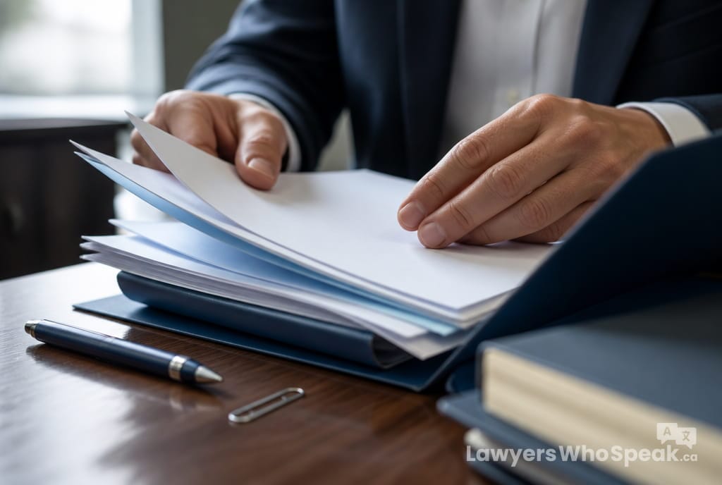 Hands sorting court records and sentence documents into a folder, the first step in a record suspension Canada application