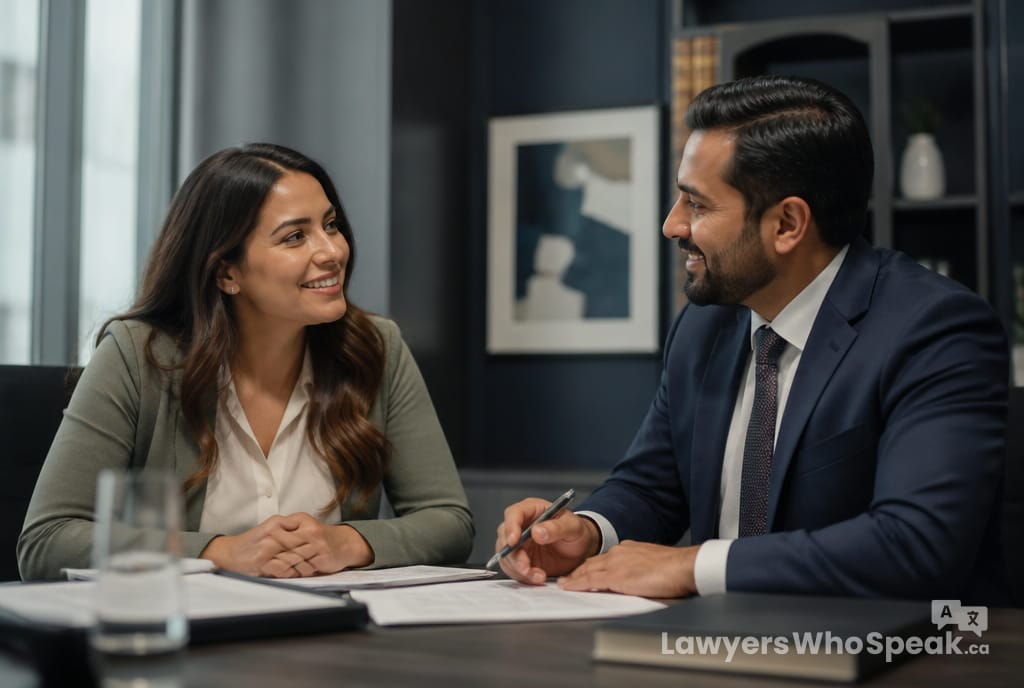 Client and criminal lawyer in a warm conversation, showing the value of language support for a record suspension Canada application