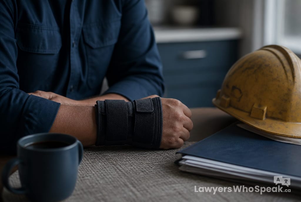 WSIB workersโ compensation Ontario: a workerโs braced hand resting beside a hard hat and claim paperwork