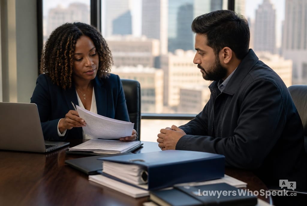 WSIB and Workers' Compensation in Ontario: Claims and Appeals (2026 Guide) 3 Lawyer reviewing a denied WSIB claim appeal with an injured worker, Ontario workersโ compensation help